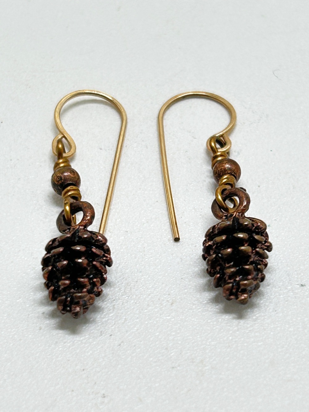 Antiqued Gold Dangly Adorable Pinecone Earrings, Wires
